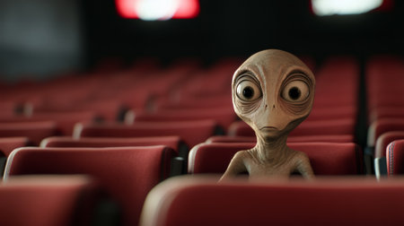 Alien sits in a mostly empty movie theater, enjoying a film, showcasing the universal appeal of entertainment and the possibility of extraterrestrial life engaging in human like activitiesの素材