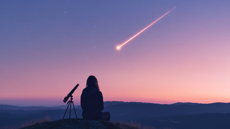 Solitary astronomer perched on rocky terrain, observing celestial event through telescope lens during twilight, tracking brilliant meteorite streaking across starry night skyの素材