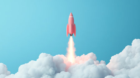 Pink cartoon rocket soaring through fluffy white clouds in a vivid blue sky, embodying themes of startup energy, innovation, and the spirit of exploration and discoveryの素材