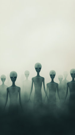 Group of extraterrestrial beings with gray skin and large heads are emerging from a thick fog, creating a mysterious and otherworldly atmosphereの素材