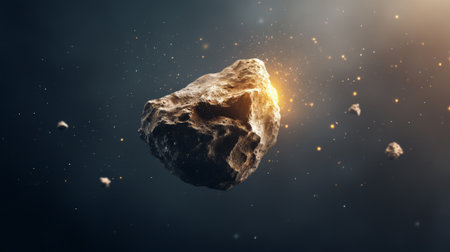 Massive asteroid flying through star studded space, accompanied by smaller rocky fragments against dark cosmic background, highlighting celestial dynamismの素材