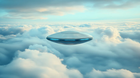 Unidentified flying object with blue lights flying over white clouds at sunset, creating a mysterious and intriguing extraterrestrial atmosphereの素材