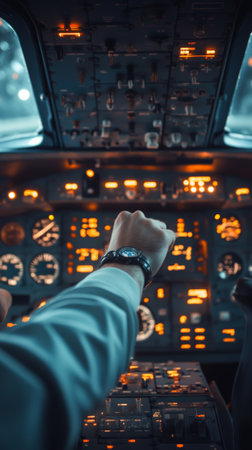 Pilot wearing a wristwatch operating illuminated aircraft controls inside the cockpit at night, ensuring safe navigation and operation of the planeの素材