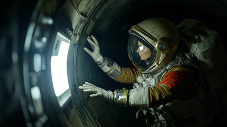 Female astronaut exploring a dark section of a spacecraft, her face illuminated by the helmet visor, touching the walls of the tunnel, in a science fiction atmosphereの素材