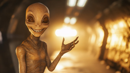 Friendly alien is smiling and gesturing with its hand inside a spaceship, possibly communicating or greeting someone in a science fiction sceneの素材