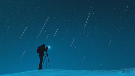 Silhouette of a photographer capturing a meteor shower with camera and tripod under beautiful night sky full of falling stars, creating a breathtaking and magical sceneの素材