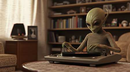 Green alien dj playing a vinyl record on a turntable in a cozy living room, showcasing a unique blend of extraterrestrial life and human technologyの素材