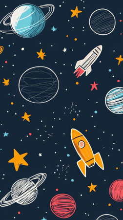 Colorful rockets soaring through a dark, hand drawn universe filled with planets, stars, and cosmic elements, creating a playful space exploration themeの素材