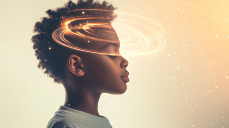 Young child with closed eyes contemplates the universe, represented by swirling golden rings emanating from their head, symbolizing education, imagination, and the vastness of inner thoughtsの素材