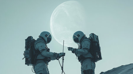 Two astronauts are collaborating on a mission. Conducting research and exploration on an alien planet. With a large moon dominating the sky. Showcasing the wonders and challenges of space explorationの素材