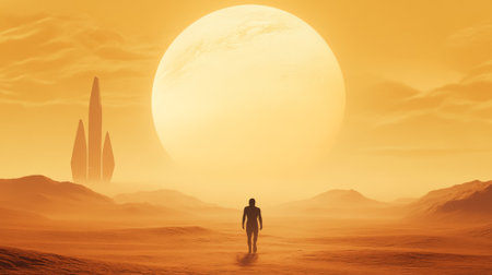 Astronaut is walking on a deserted alien planet with a giant planet in the background, approaching a futuristic spaceship in a yellow landscapeの素材