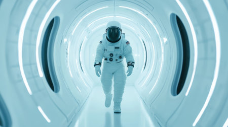 Astronaut wearing a spacesuit walks through a brightly lit futuristic spaceship corridor, suggesting space exploration and technological advancementの素材