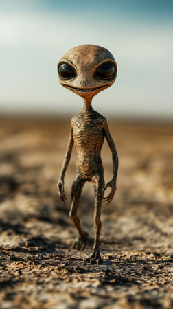Friendly looking alien walking across the dry, cracked surface of a desert planet, eagerly exploring a new world and searching for resources in a vast, barren landscapeの素材