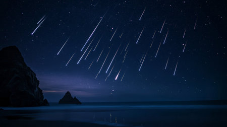 Many bright meteors streak across a dark, starry night sky over a calm ocean with rocky silhouettes on the coastline, creating a breathtaking celestial displayの素材