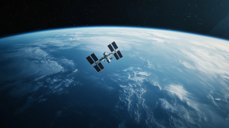 Orbital space station equipped with solar panels is orbiting planet earth, offering a breathtaking view of the blue planet and the vastness of spaceの素材