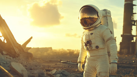 Lone astronaut traversing abandoned alien cityscape, sunset casting warm golden light across crumbling structures, metallic visor reflecting desolate landscapes fading radianceの素材