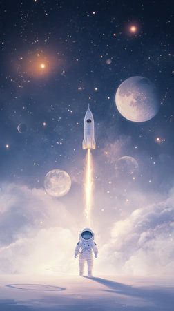 Astronaut is standing on a snowy planet surface, observing a rocket launching into a starry sky filled with planets and nebulae, creating a breathtaking scene of space exploration and adventureの素材