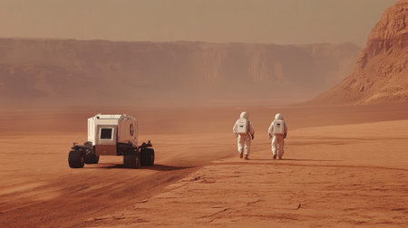 Two astronauts are walking on the surface of mars, exploring the red planet near their rover, on a mission to discover new frontiers in space explorationの素材