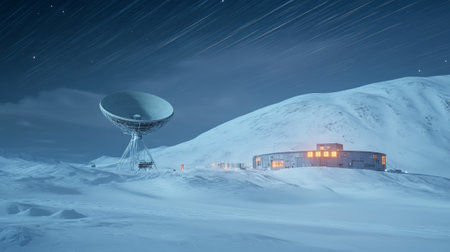 Large satellite dish and research center are communicating with universe in a beautiful snowy landscape under a starry night sky with star trailsの素材