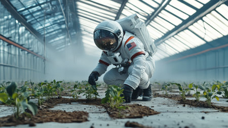 Astronaut tending hydroponic garden inside sealed greenhouse module, representing interplanetary agricultural innovation for potential space settlementの素材