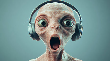 Alien wearing headphones is listening to music and expressing excitement with its mouth wide open, suggesting an appreciation for the sound or a surprising reaction to what its hearingの素材