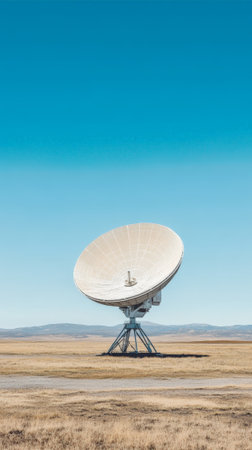 Large radio telescope pointing skyward across barren terrain, capturing cosmic signals against vivid azure background, scanning distant celestial regions for extraterrestrial communicationの素材