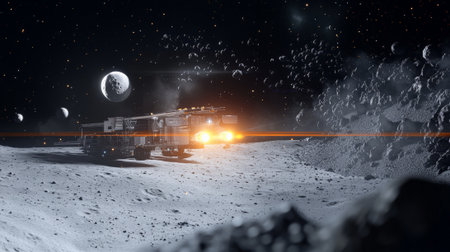 Metallic spacecraft navigating rocky asteroid belt surrounding exoplanet system, representing advanced interstellar exploration and potential cosmic colonizationの素材