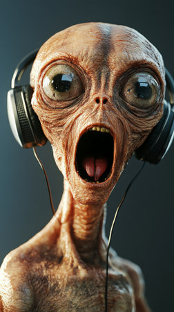 Alien wearing headphones enjoys music with an open mouth and visible tongue, creating a funny and engaging scene against a dark blue backgroundの素材
