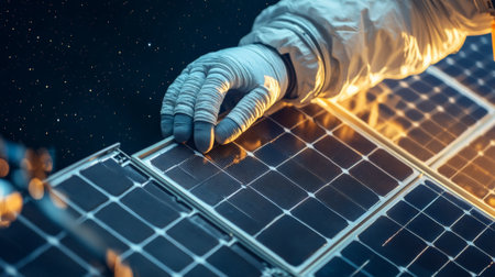 Astronaut in a spacesuit working diligently on a satellite, adjusting solar panels while surrounded by a stunning backdrop of the universe, sparkling with countless starsの素材