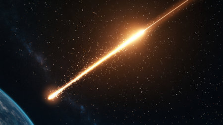 Bright meteorite entering earths atmosphere, creating a fiery trail against a backdrop of stars, representing a potential cosmic threat to the planetの素材