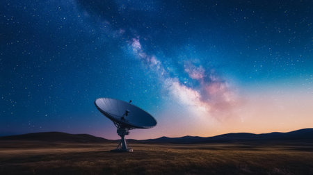 Giant satellite dish exploring the universe under a colorful and starry night sky with the milky way, searching for signals from distant galaxies and planetsの素材
