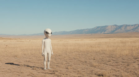 Extraterrestrial being stands in a vast, desolate landscape, bathed in sunlight, with a mountain range visible in the distance, evoking a sense of mystery and explorationの素材