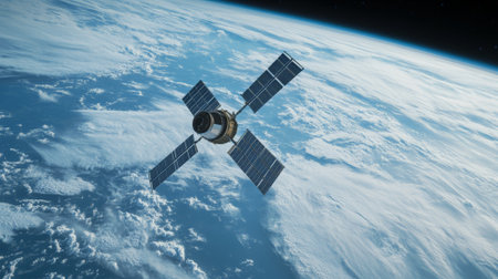 Satellite equipped with solar panels orbiting earth, transmitting data from space, showcasing the advancements in space technology and global communicationの素材