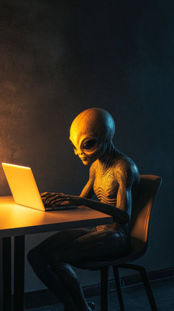 Alien sitting at a desk in a dark room, illuminated by the warm glow of a laptop screen, diligently typing on the keyboard while immersed in online research and explorationの素材