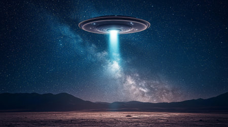Extraterrestrial spaceship hovering over a barren desert, casting a bright beam of light onto the ground beneath a starry night sky and the milky way galaxyの素材