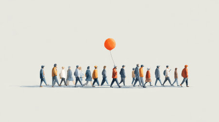 Watercolor painting depicting people walking in a protest with an orange balloon. Symbolizing hope and resistance against immigration raids and advocating for immigration rights in the united statesの素材