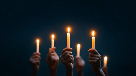 Diverse hands lifting illuminated candles during nighttime protest, conveying collective solidarity, hope, and remembrance against social injustice and immigration enforcementの素材