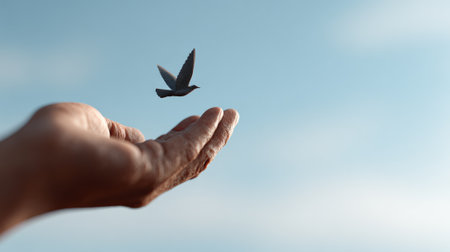 Hand releasing white dove against bright sky, representing liberation, hope, personal transformation, and emotional healing with serene, uplifting symbolismの素材