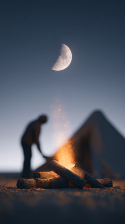 Camper lighting a campfire under a crescent moon at a tranquil campground, generating a warm and inviting glow in the twilight, perfect for relaxation and outdoor adventureの素材