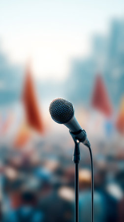 Microphone on stand is ready for speaker at a political rally or protest, with blurred crowd and flags in background representing freedom of speech and right to assembleの素材