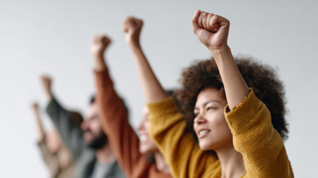 Diverse protesters rallying against immigration enforcement, raising clenched fists while challenging border patrol policies and demanding civil rights protections in urban street settingの素材