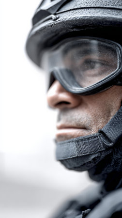 Close up profile of a serious police officer wearing tactical gear and protective goggles, capturing the tension and security measures during civil unrestの素材