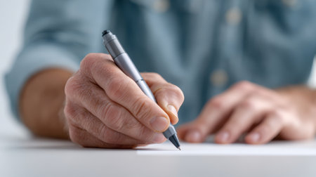 Close up of a mans hand using a pen, writing a letter or signing a petition, possibly in support of individuals detained by ice during immigration raids, symbolizing protest against civil unrestの素材