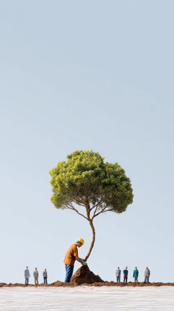 Construction worker with safety helmet planting a tree while miniature people are watching, representing the importance of environmental protection and sustainability for future generationsの素材