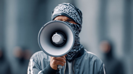 Protestor wearing bandana over face shouting through megaphone during demonstration against immigration raids and ice activities, leading crowd in expressing dissent and demanding change in usaの素材