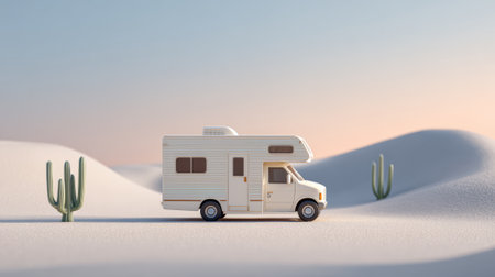 White camper van driving through a serene desert landscape with white sand dunes and cacti, bathed in the warm glow of the setting sun, offering a peaceful and adventurous travel experienceの素材