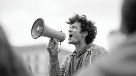 Young protester shouting passionately into a megaphone during a powerful demonstration against immigration raids in the united states, captured in striking black and whiteの素材