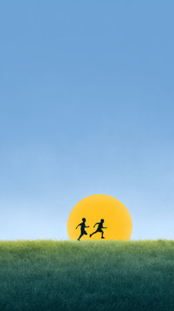 Two children running joyfully in a grassy field at sunset, embracing the carefree spirit of summer travel and the excitement of their camping adventure togetherの素材