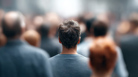 Man standing in a crowd during an immigration raid protest, possibly feeling isolated or lost in the multitude of people, expressing concepts of civil unrest, social issues, and political activismの素材