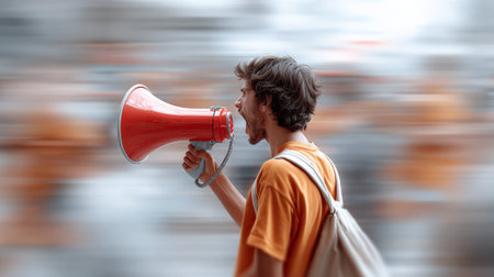 Young protester shouting with a megaphone during a protest against immigration raids by ice in the united states, expressing his anger and dissent with blurred crowd in backgroundの素材
